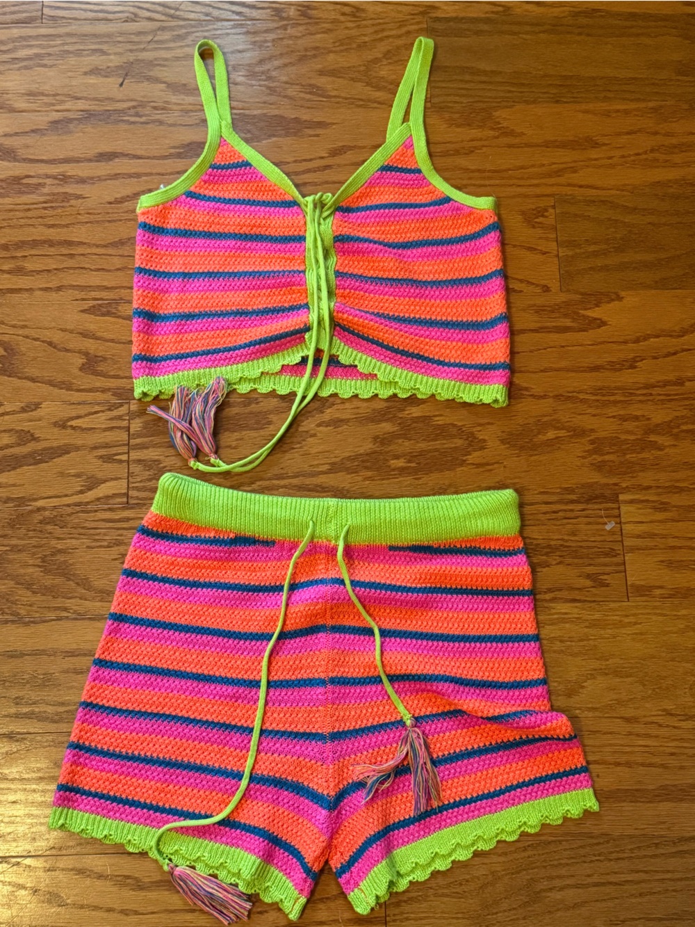 Almost Famous Neon Green, Hot Pink & Blue Striped Crochet High Waist Shorts Set